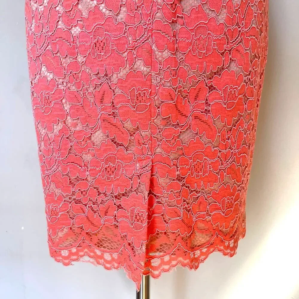 VINCE CAMUTO Pink Salmon Lace Overlay Sheath Dress Floral Sleeveless Size 10 - Picture 7 of 15
